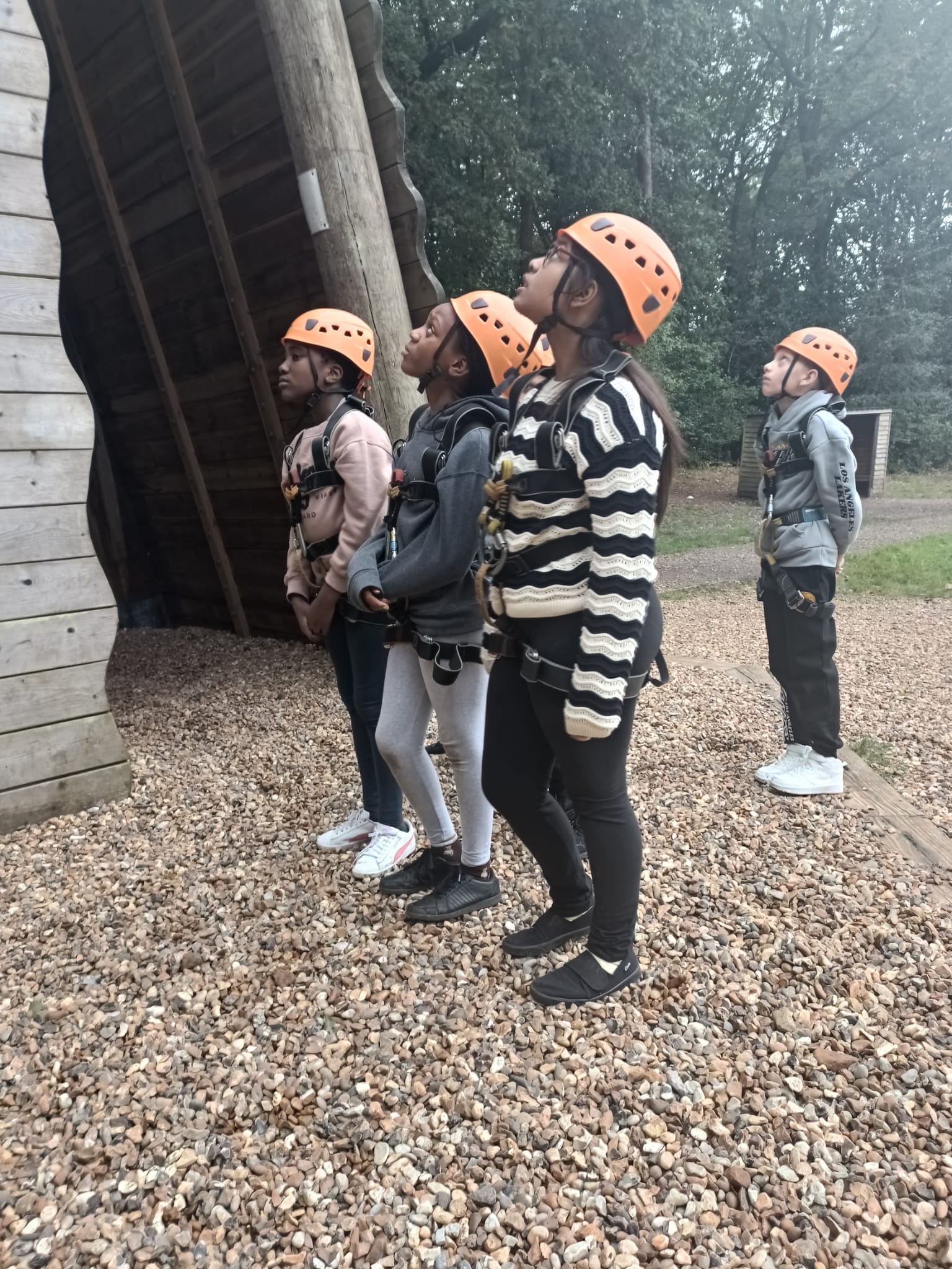 4 children in harnesses looking up at an abseiling wall